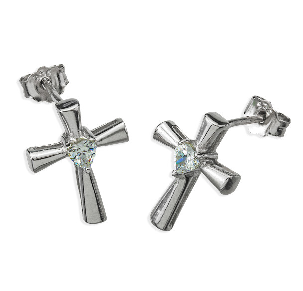 Sterling Silver Cross Earrings with Crystal Heart-Shaped CZ