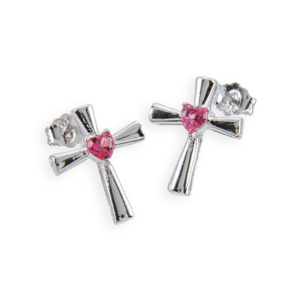 Sterling Silver Cross Earrings with Pink Heart-Shaped CZ