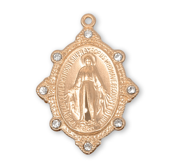 Gold Over Sterling Silver Miraculous Medal Set with Clear Crystals