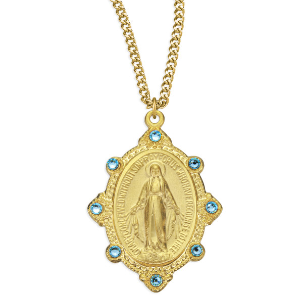 Gold Over Sterling Silver Miraculous Medal Set with Light Sapphire Crystals Gold Over Sterling Silver Miraculous Medal Set with Light Sapphire Crystals