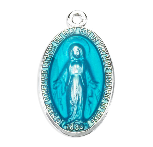 Sterling Silver Oval Blue Enameled Miraculous Medal