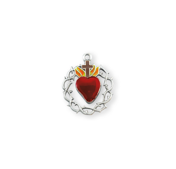 Sterling Silver Red Enameled Heart "Crown of Thorns" Medal