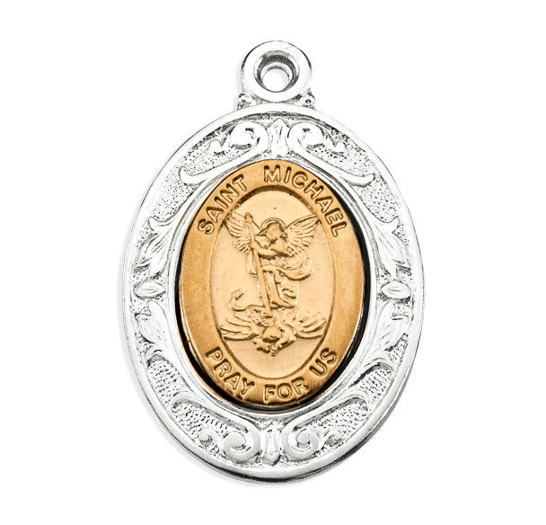 Gold Over Sterling Silver St. Michael Pendant with Rhodium Plated Sterling Silver Border