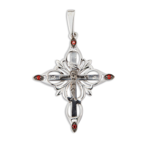 Sterling Silver Ornate Crucifix with Fire Red CZ tips