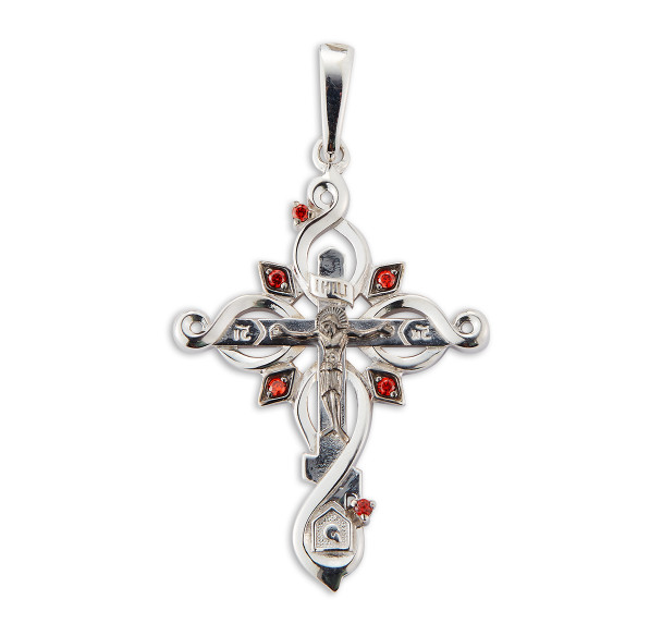 Sterling Silver Ornate Crucifix with Fire Red CZ Accents