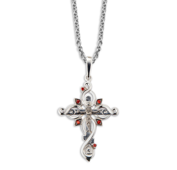 Sterling Silver Ornate Crucifix with Fire Red CZ Accents