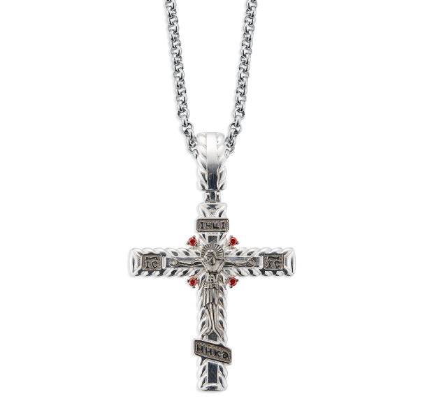 Sterling Silver Intricate Crucifix  Fire Red CZ Accents