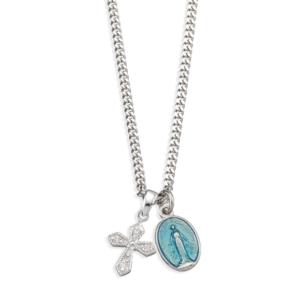 Sterling Silver Blue enamel Miraculous Medal and Small CZ Cross