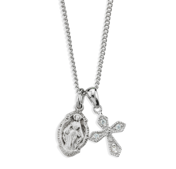 Sterling Silver Large Miraculous Medal and Small CZ Cross