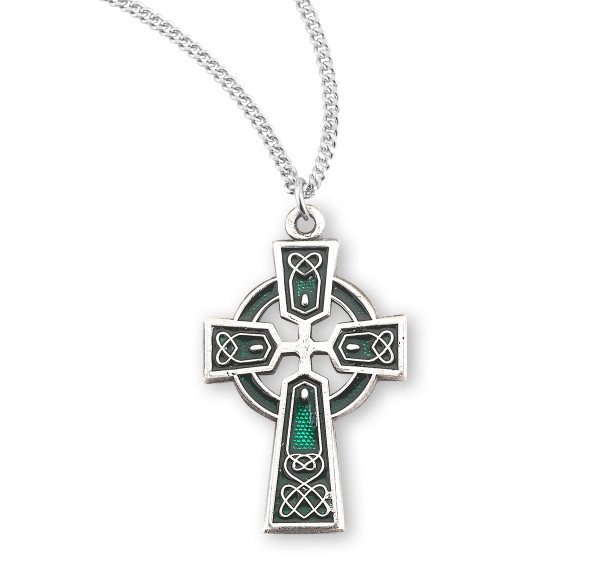 Sterling Silver Green Enameled Irish Celtic cross Pendant