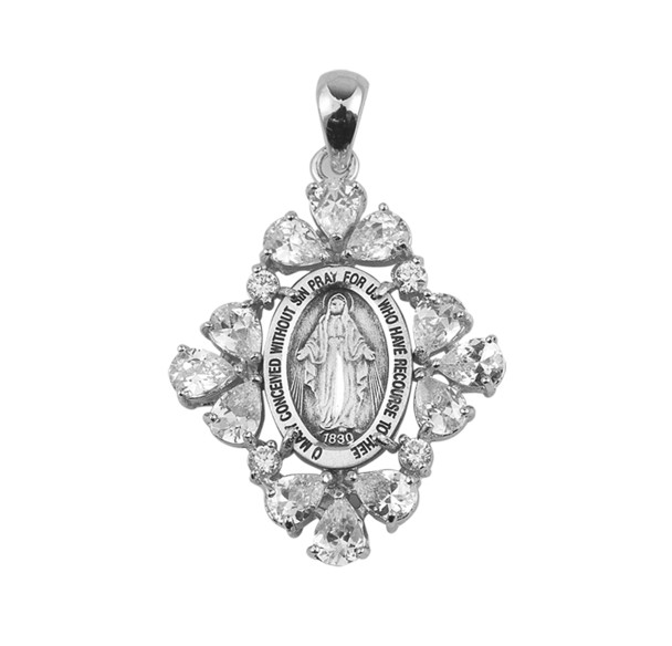 Sterling Silver Miraculous Medal with Cubic Set Zirconia's "CZ's"