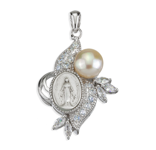 Sterling Silver Miraculous Medal with set Cubic Zirconia "CZ"