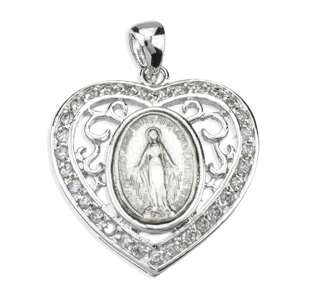 Sterling Silver Oval Miraculous Medal with Cubic Zirconia's "CZ's"