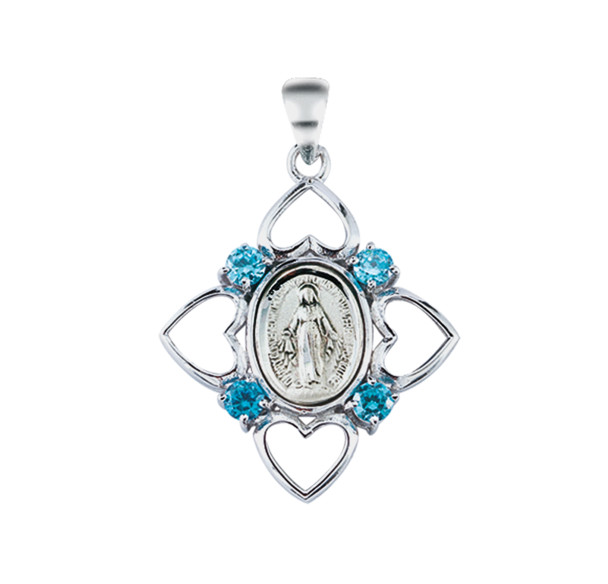 Sterling Silver Aqua Cubic Zirconia "CZ" Miraculous Medal Sterling Silver Aqua Cubic Zirconia "CZ" Miraculous Medal