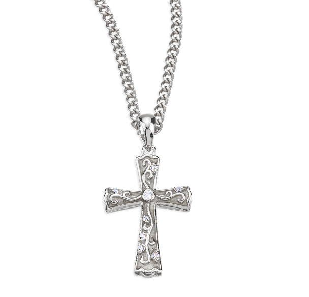 White Enameled Sterling Silver Cross with Crystal Cubic Zirconia's "CZ's"