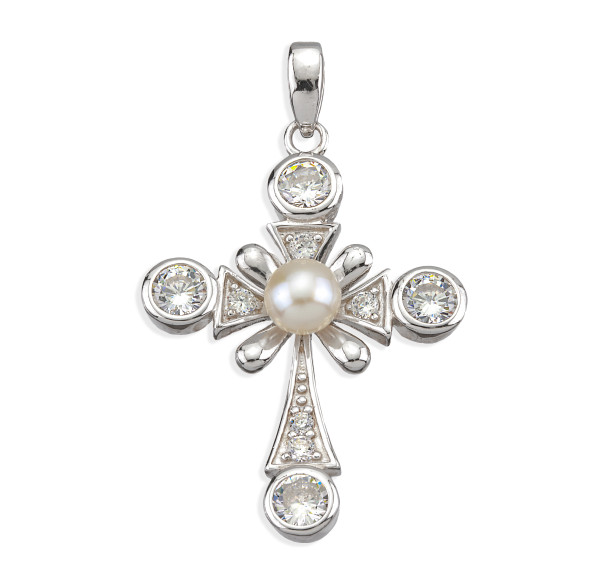Sterling Silver Cross with Freshwater Pearl Ctr & CZ Accents