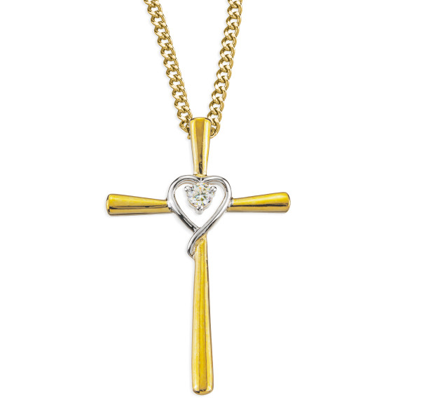 Gold Over Sterling Silver Two-Tone Cross with Rhodium Plated Heart & CZ stone Settings