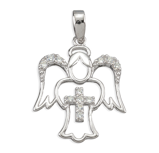 Sterling Silver Guardian Angel Pendant with Cross & CZ Accents