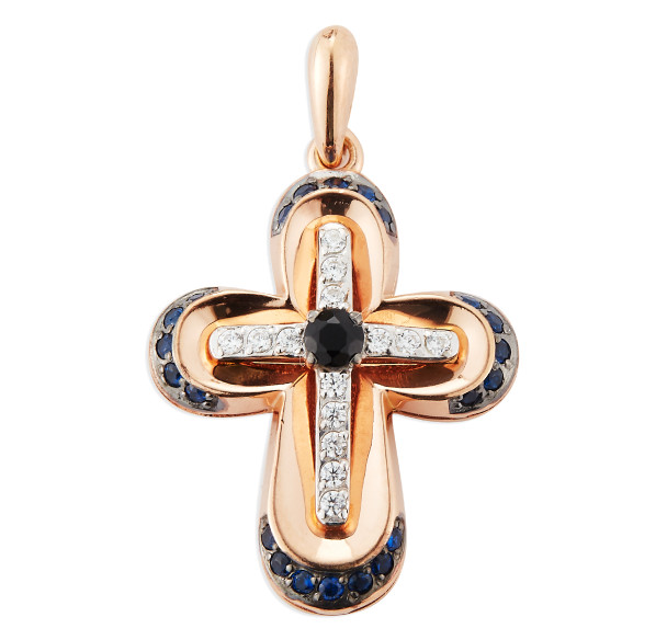 Rose Gold Over Sterling Silver Cross with Blue and Crystal CZ