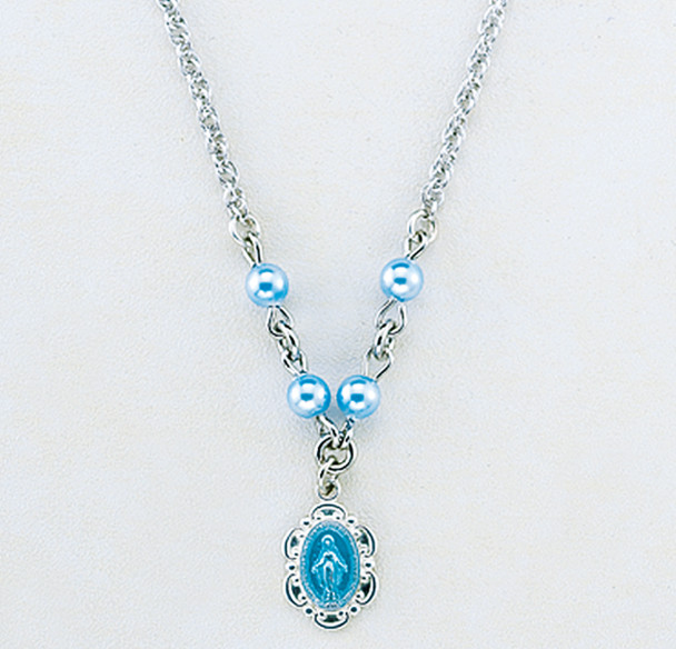 Sterling Silver Scalloped Blue Enameled Miraculous Necklace Adorned with 4mm Blue finest Austrian Crystal Pearl Beads