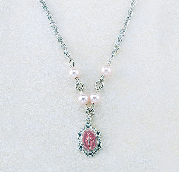 Sterling Silver Miraculous Medal Necklace Adorned with 4mm Pink finest Austrian Crystal Pearl Beads