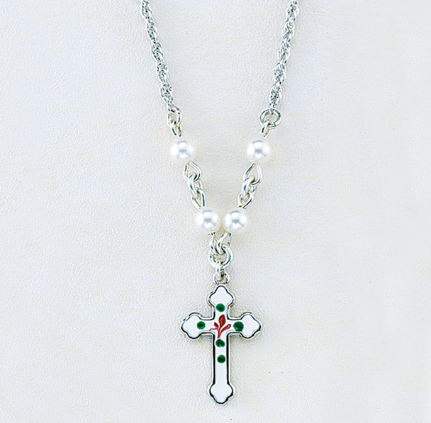 Sterling Silver Enameled Cross Necklace Adorned with 4mm White finest Austrian Crystal Pearl Beads