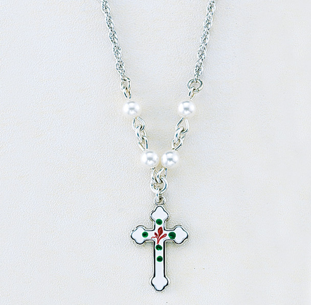 Sterling Silver Enameled Cross Necklace Adorned with 4mm White finest Austrian Crystal Pearl Beads Sterling Silver Enameled Cross Necklace Adorned with 4mm White finest Austrian Crystal Pearl Beads