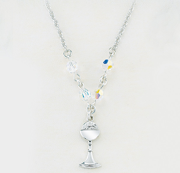 Sterling Silver Chalice Necklace Adorned with 5mm Aurora Borealis Finest Austrian Crystal Beads