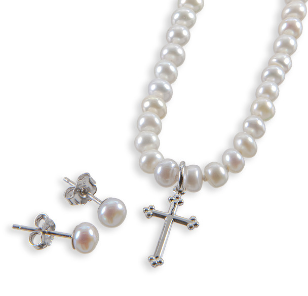 Freshwater Pearl Cross Necklace and Earring Set