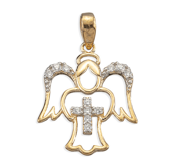 Gold Over Sterling Silver Guardian Angel Pendant with Cross & CZ Accents