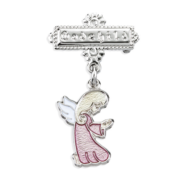 Guardian Angel Pink Enameled Sterling Silver Medal on a Godchild Bar Pin