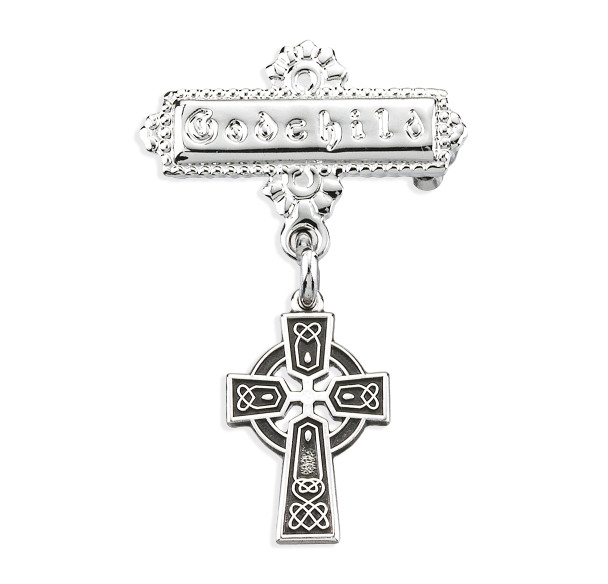 Sterling Silver Baby Irish Celtic cross on a Godchild Bar Pin