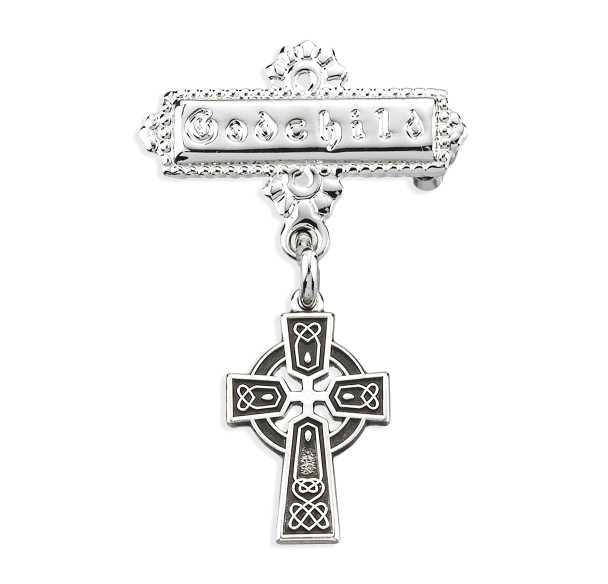 Sterling Silver Baby Irish Celtic cross on a Godchild Bar Pin Sterling Silver Baby Irish Celtic cross on a Godchild Bar Pin