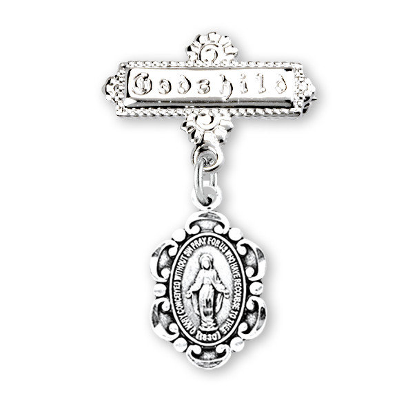 Sterling Silver Fancy Edge Miraculous Medal on a Godchild Bar Pin