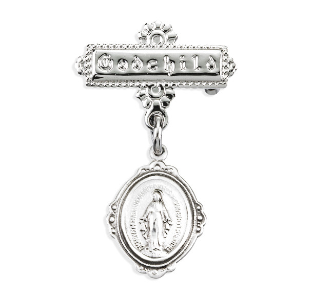 Sterling Silver Small Miraculous Medal on a Godchild Bar Pin