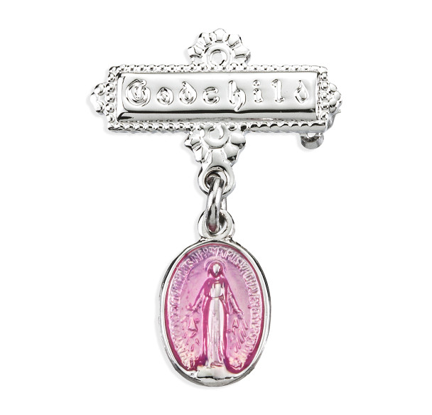 Pink Enameled Oval Sterling Silver Baby Miraculous Baby Medal on a Godchild Bar Pin