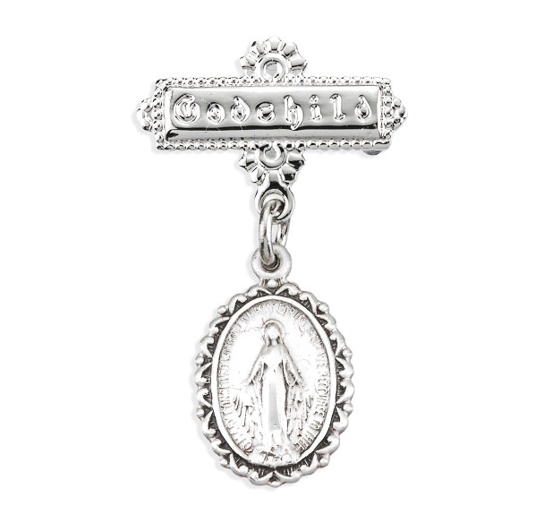 Sterling Silver Oval Fancy Edge Miraculous Baby Medal on a Godchild Bar Pin