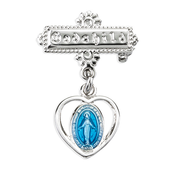 Sterling Silver Pierced Heart Baby Miraculous Medal Blue on a Godchild Pin