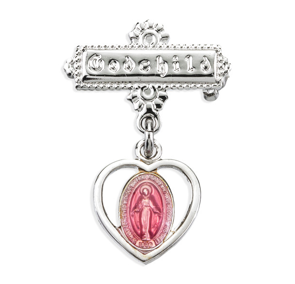 Sterling Silver Pierced Heart Baby Miraculous Medal Pink on a Godchild Pin