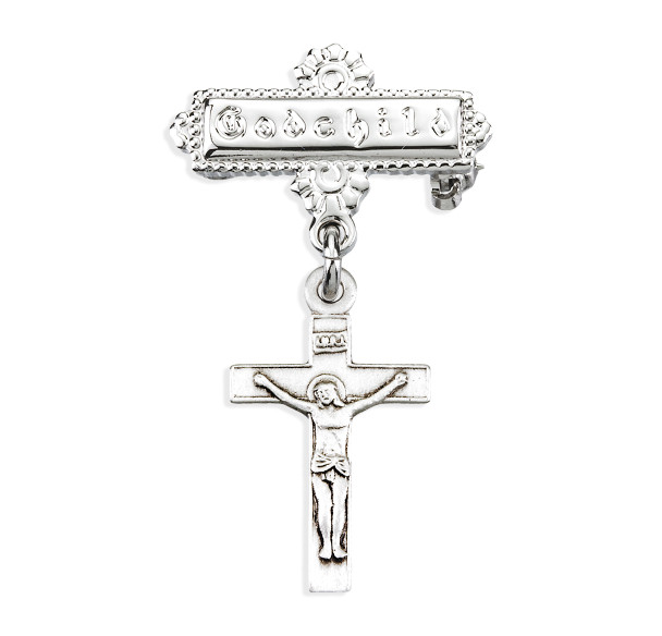 Sterling Silver Baby Crucifix on a Godchild Bar Pin Sterling Silver Baby Crucifix on a Godchild Bar Pin