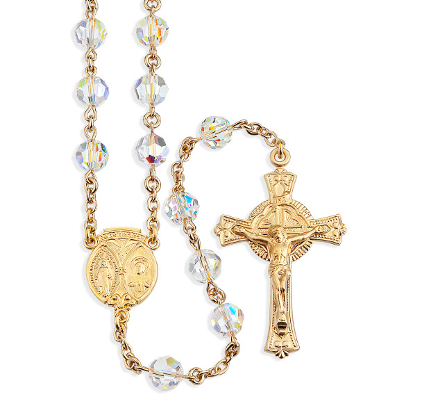 7mm Finest Aurora Crystal Gold Plated Round Beads with Gold Over Sterling Crucifix and Center