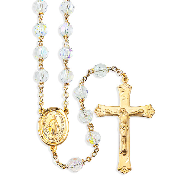 7mm Aurora Crystal Czech Beads with Gold Over Sterling Silver Crucifix and Center