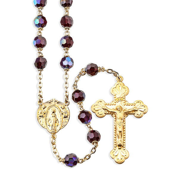 7mm Garnet Crystal Czech  Beads with Gold Over Sterling Crucifix and Center