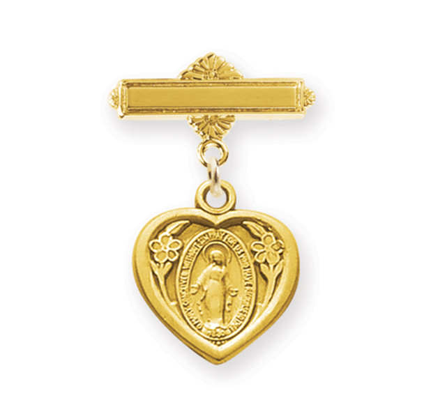 Gold Over Sterling Silver Heart Shape Baby Miraculous Medal on a Bar Pin