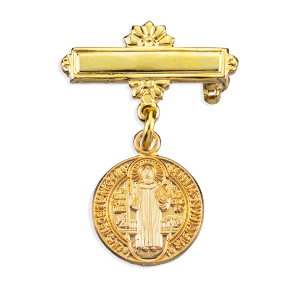 Gold Over Sterling Silver Saint Benedict Medal on a Bar Pin