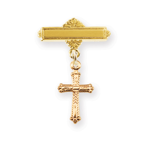 Gold Over Sterling Silver Baby Cross on a Bar Pin Gold Over Sterling Silver Baby Cross on a Bar Pin