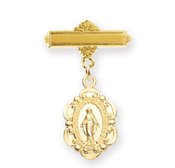 Gold Over Sterling Baby Miraculous Medal on a Bar Pin