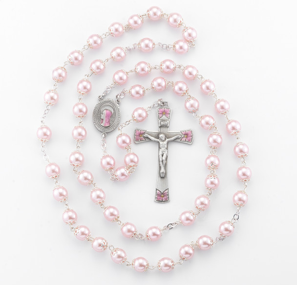 8mm Round Pink Glass Capped Bead with New England Pewter Pink Enameled Center & Crucifix