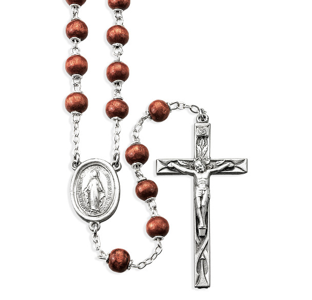 6mm Brown Oval Wood Bead Rosary with Pewter Crucifix and Center
