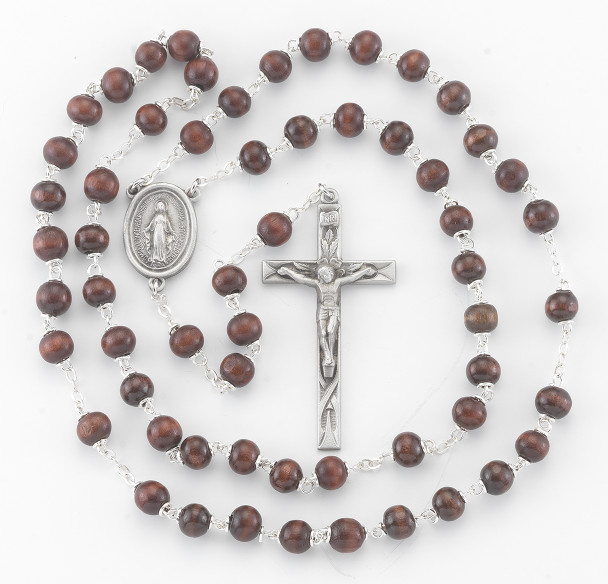 6x9mm Maroon Oval Wood Bead Rosary with Carved O.F. Beads and Pewter Crucifix and Center